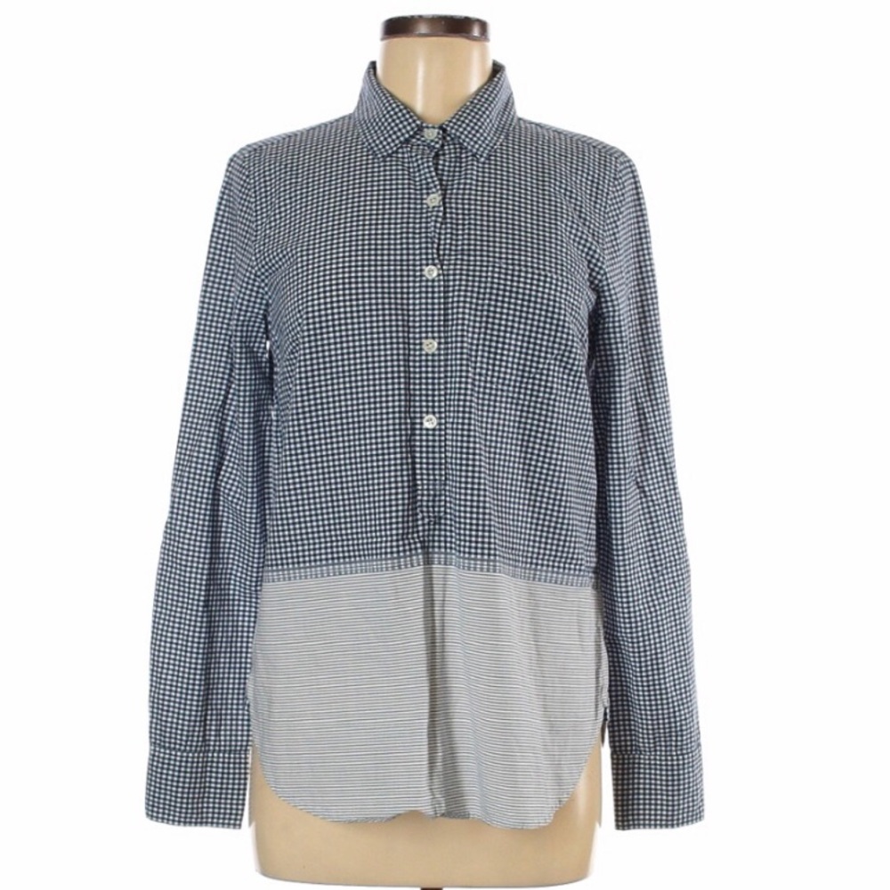 J Crew Gingham I Stripe Button Down Pullover Sz 8 - image 1